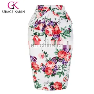 Grace Karin Occident Women Hips Wrapped High-waisted Short Cotton Flower Printed Pencil Vintage Skirt CL008928-8 thumbnail-1