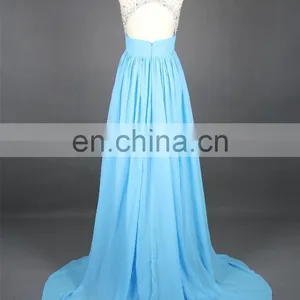 New Arrival Evening Gown Chiffon Beaded See Through Nude Back High Neck Key Hole Open Back Light Blue Formal Long Evening Dress thumbnail-4