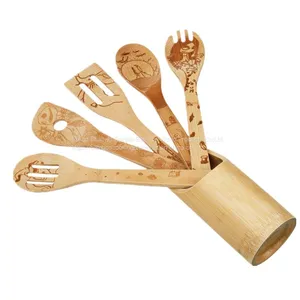 Engraved Bamboo Wood Utensils Set Wholesale Cooking Tools Bambu Wood Burned thumbnail-2