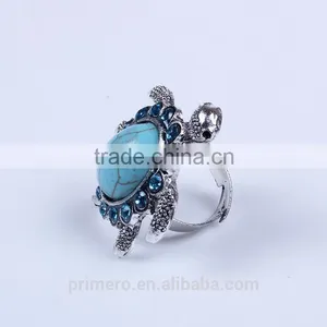 New Hot Tibetan Silver Blue Turquoise Gem Rhinestone Crystal Tortoise Finger Ring Jewelry Wholesale thumbnail-2