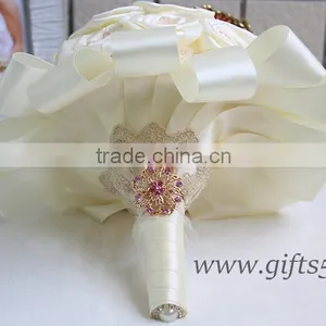 Lovely Satin Roses Bridal / Bridesmaid Bouquets With Lovely Pink Beads and Brooch thumbnail-1