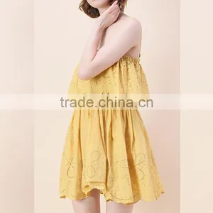 2017 SINGLE COLOR Adjustable Spaghetti Strap Embroidered Women Short Dress thumbnail-3
