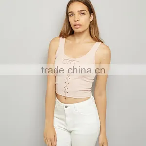 Wide Shoulder Straps Lace up Ribbed Cropped Tank Womens Black Vest Tops thumbnail-4