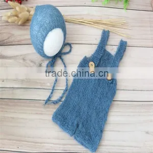 Newborn Hat and Pant Crochet Mohair Bonnet Baby Hooded Romper Lace Girl Overall Outfit Onesie Photography Props Knitted Clothes thumbnail-1