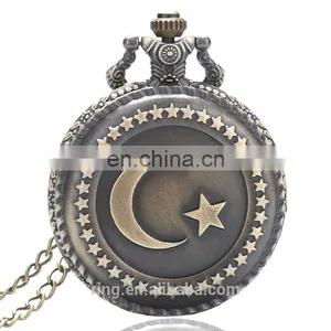 Vintage Fashion Ladies Stars Moon Flip Pocket Watch Necklace Chain Watch thumbnail-5