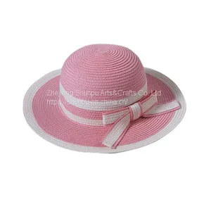 Pink White Lovely Kids Paper Straw Hat With Bow thumbnail-1