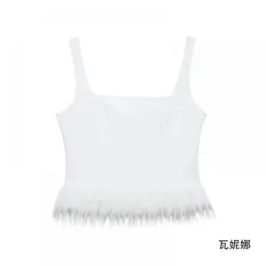 New Style European and American Style Solid Color Feather Trim Stretchy Bodycon Halter Top thumbnail-2