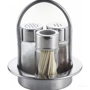 Glass Salt Pepper Toothpick Condiment Set With Stainless Steel Rack thumbnail-1