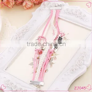 High Quality Double Heart Pink and White Color Braided Leather Bracelet thumbnail-1