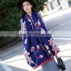 Hot Sale 2017 New Style Young Ladies Scarf Beautiful Pink Lotus Printed Blue Bottom Color Women Mufflers thumbnail-3