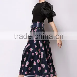 100% Polyester Sweet Floral Midi A-Line Bubble Skirt thumbnail-5