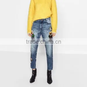 Women Jeans Different Size for Choice Girls Printed Washed Patchwork Blue Trousers thumbnail-1