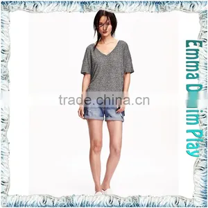 Latest Designer Ladies Sexy Loose Fit Short Sleeves Grey Cotton Heart V Neck T Shirts thumbnail-1