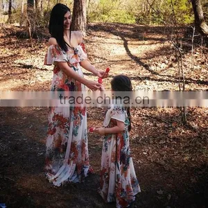 Mommy and me Maxi Dresses Chiffon Flower Print Ladies Dresses for Women thumbnail-1