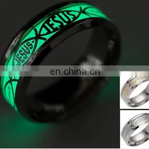 2017 Novel Stainless Steel Retro Scripture Jesus Skull Glow in the Dark Ring Fluorescent Letter Lord of Rings thumbnail-4