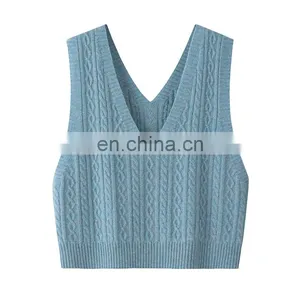 Wholesale 100% Cashmere Knit Women's Tank Top Sexy V-Neck Casual Short Woolen Clothing With Embroidered Logo on Back for Suits thumbnail-1