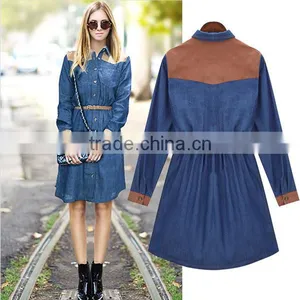 2015 Fashion High Quality New Arrival Girls Long Sleeve Denim Winter Dress With Contrast Color thumbnail-1
