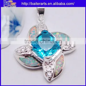 Many Designs !!! Created Opal And Square Light Blue Topaz And Pave Diamond Necklace Pendant thumbnail-1