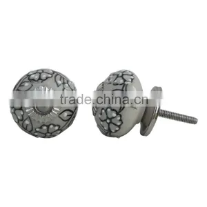Dotted Black & White Swirl Painted Ceramic Knobs With Metal Fittings - 1.5 Inch Dia. thumbnail-1