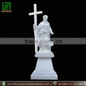 Hand Carved White Marble Religious Woman Statue With Cross thumbnail-1