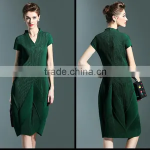 Solid Colors Women Draped V Neck Lantern Dresses With Short Sleeve thumbnail-6