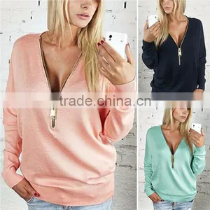 Sexy Deep V-neck Zipper Bat Sleeve Long Sleeve T-shirt Woman Who Dress Dress thumbnail-1
