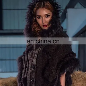 Raccoon and Rabbit Fur Trimming Cape Cloak With Buttons for Women Knitwear European Style thumbnail-1