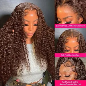 30 Inch Chocolate Brown Deep Wave Preplucked Human Hair 13x4 13X6HD Transparent Lace Front Wigs Curly Lace Frontal Wig for Women thumbnail-2