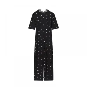 2025 New Fashionable Elegant Women's Dress With Lace Splice, V-Neck, and Puff Sleeves thumbnail-3