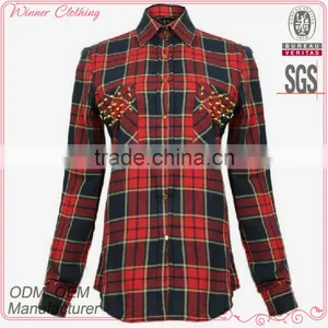 2016 Plus Size Fashion Christmas Shirt for Women Ladies Latest Black and Red Plaid Slim Fit Blouse thumbnail-1