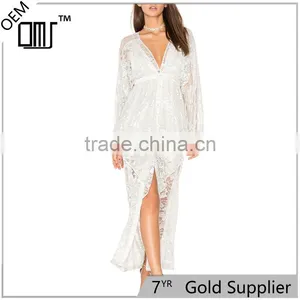 Button up Long Sleeve Fancy Lace Dress Bridal Casual Maxi Robe thumbnail-1