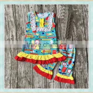 2017 Popular Series Baby Girl Sleeveless Back to School O-neck With Lace Fioral Print Ruffle Clothes Outfits Pictures thumbnail-1