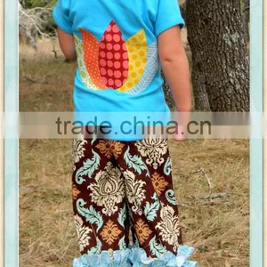 Turkey Tail Set Double Ruffle Pants and Turkey Top Long or Short Slvd Applique Blue Shirt & Floral Ruffle Pant Set 2016 thumbnail-2