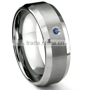 Tungsten Carbide 8MM Satin Finish Beveled Sapphire Solitaire Wedding Band Ring thumbnail-1