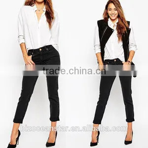 Wholesale Womens Shrunken Boyfriend Jeans in Washed Black With Thigh Rip thumbnail-1