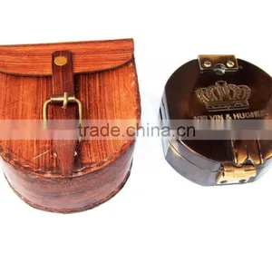 Nautical Antique Brass Compass -Pocket Compass With Leather Case 13488 thumbnail-1