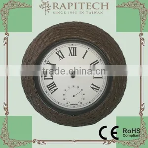 13 Inch Indoor Outdoor Decorative Rattan Clock With Thermometer thumbnail-1