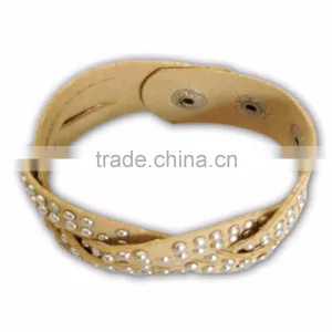 Rhinestone Attached on PU Leather Bracelet, Hot Sale Gift Leather With Crystal Gem Decoration thumbnail-1