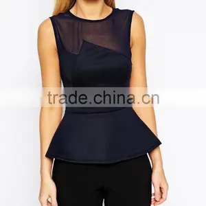 New Design Crew Neckline Peplum Top With Mixed Fabric thumbnail-4
