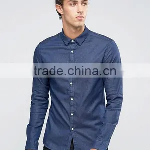 Guangzhou High Quality Custom Long Sleeve Spread Collar Mens Cotton Elastane Stretch Denim Casual Navy Solid Shirts thumbnail-1