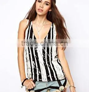 Sexy Deep V-neck Sequin Stripe Ladies Vest For Summer Latest Design thumbnail-1