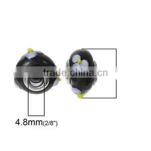 Lampwork Glass European Style Large Hole Beads Round Black Mauve Flower With 304 Stainless Steel Silver Tone Core thumbnail-2