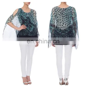 Batwing Sleeve Chiffon Tribal Animal Print Poncho for Old Women thumbnail-2