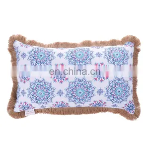 Factory Supply Waterproof Durable Blue Comfort Classics Flower Screen Printing Outdoor Pillows With Jute Fringes thumbnail-2