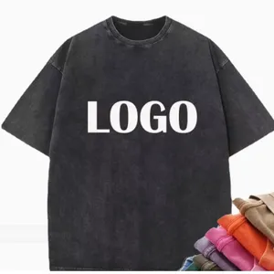 Heavyweight Cotton With Logo Stone Men Women Distressed T-Shirt DTG Print Oversize Black Custom Vintage Acid Wash thumbnail-1
