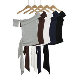 Pure Lustful Hot Girl Streamer One-shoulder Chest T-shirt Women's Summer Sexy Temperament Irregular Waist Short Sleeves thumbnail-5