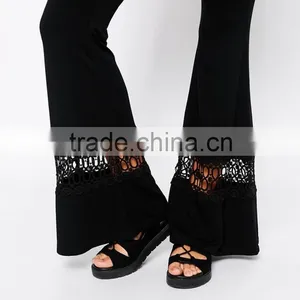 Ladies Wide Leg Flare Pants With Lace Bottom Detail thumbnail-3