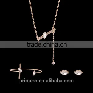 Wedding Women Gold Plated Lovely Charm Rectangle Earring Necklace Ring 3 Pcs Statement Jewelry Set thumbnail-2