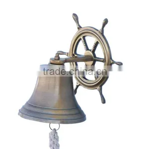 Cast Iron Hanging Ship Wheel Bell Nautical Bell Metal Wall Art, Antique Silver Beach- NBB 0014 thumbnail-1