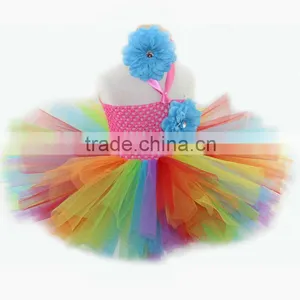 Handmade Baby Dress With Crochet Top Rainbow Color 2 Layers Ballet Tutu Matched With Flower Headband thumbnail-1